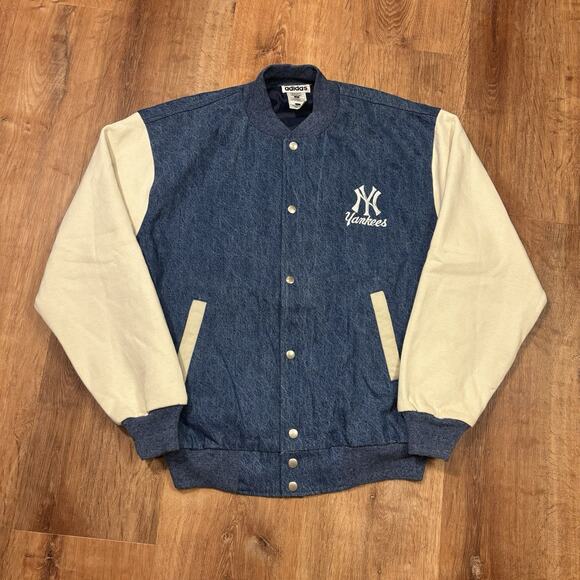 Vintage New York Yankees Denim Varsity Jacket Mens Large 90s Adidas MLB Bomber - Picture 1 of 6
